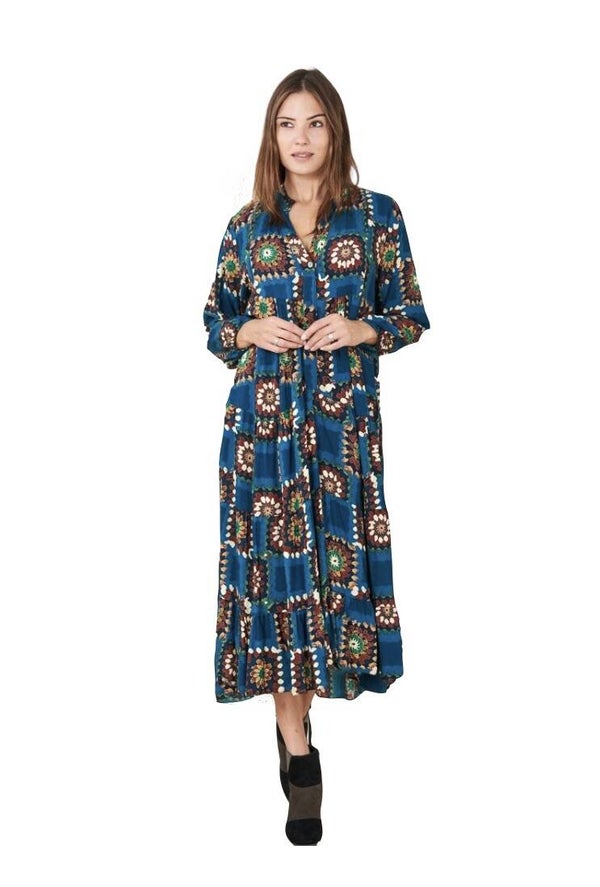 Printed long dress in petrol blue