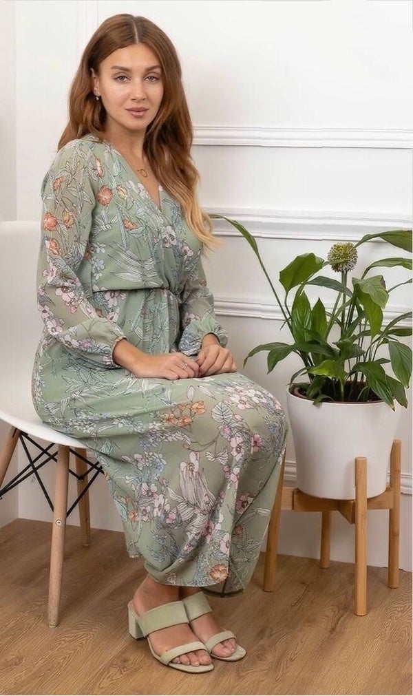 Olijfgroene wikkeljurk met bloemenprint