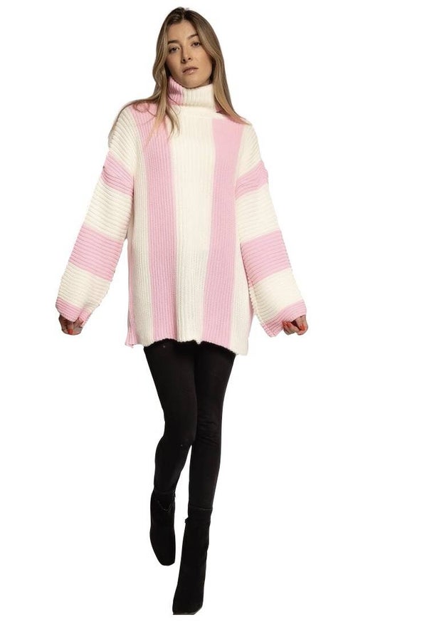 Striped sweater pink with turtleneck