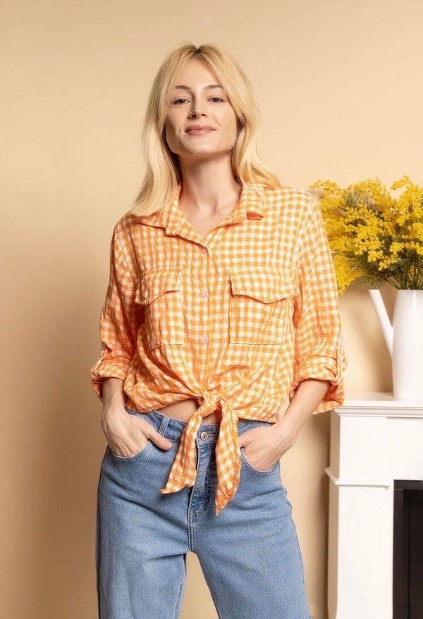 Oranje geknoopt ruitjeshemd
