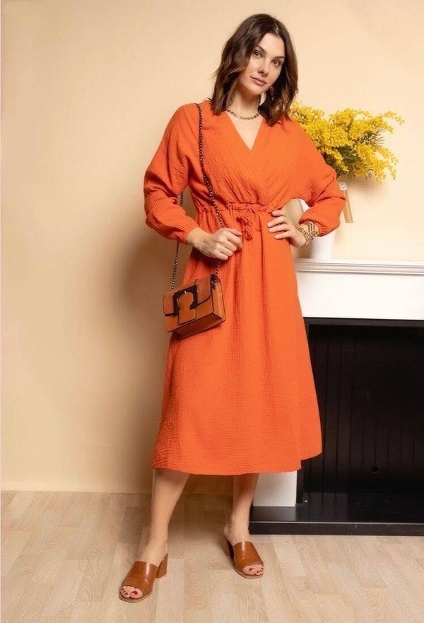 Oranje katoenen wikkeljurk