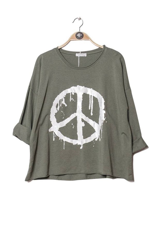 Kaki top met vredesprint