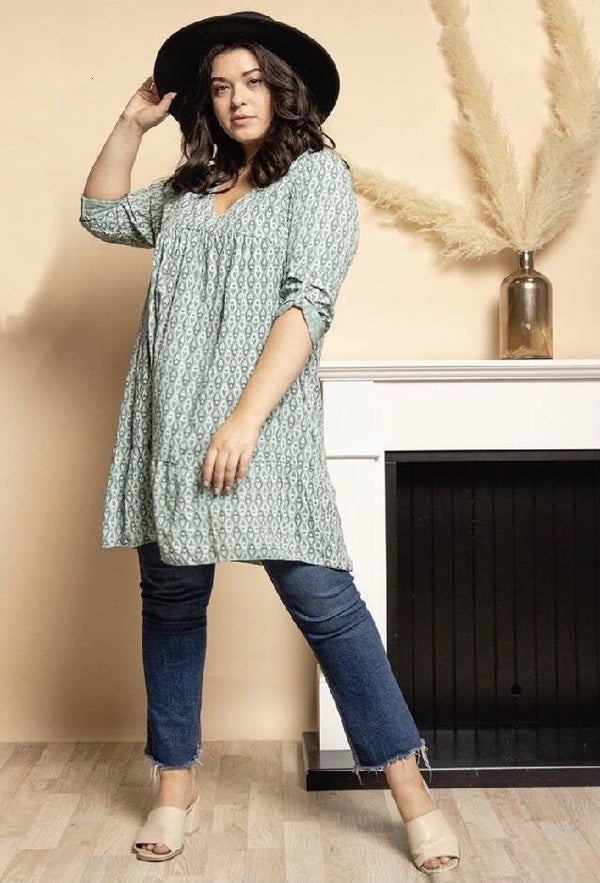 V-neck tuniek in ‘Ocean Wave’ met print