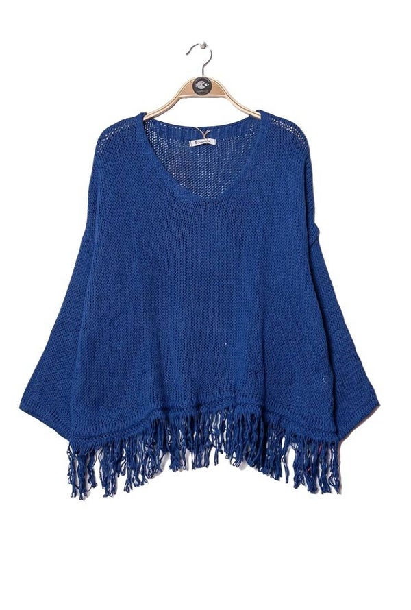 Trui met franjes en V-hals in ‘Royal Blue’