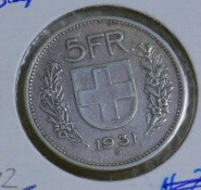 5 Franken 1931 Schweiz, vz.
