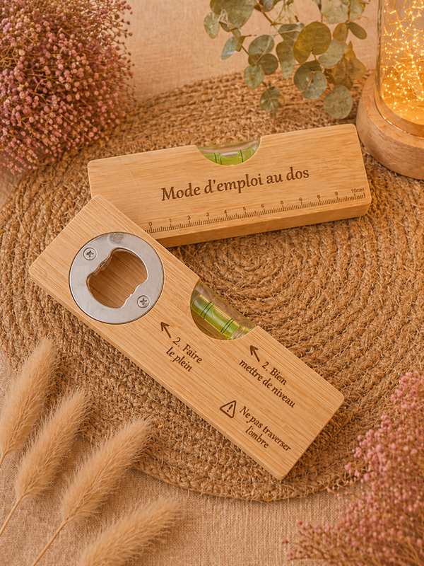 Niveau décapsuleur personnalisé en bois – Cadeau original homme