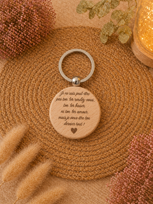 🌿 Porte-clé en bois gravé – Message d’amour