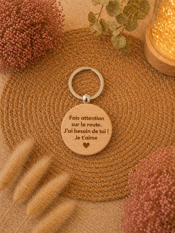 🌿 Porte-clé en bois gravé – Message d’amour
