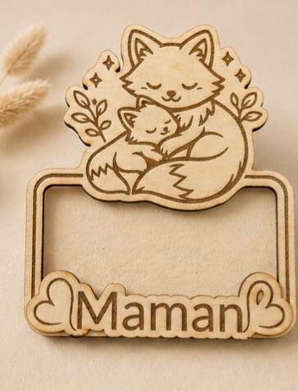 🦊 Magnet photo “Maman” – Cadre renard en bois – Cadeau fête des mères