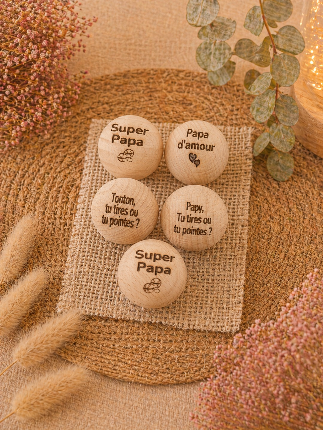 ⚪ Cochonnets Personnalisés en Bois – Cadeau Pétanque Original