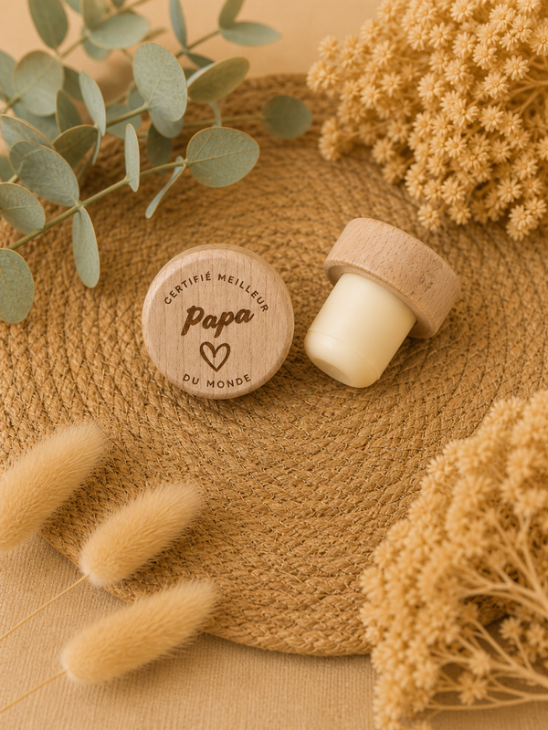 Bouchon de bouteille personnalisé en bois – Cadeau original pour Papa & amateurs de vin