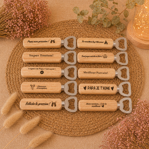 Décapsuleur personnalisé en bois – Cadeau original homme