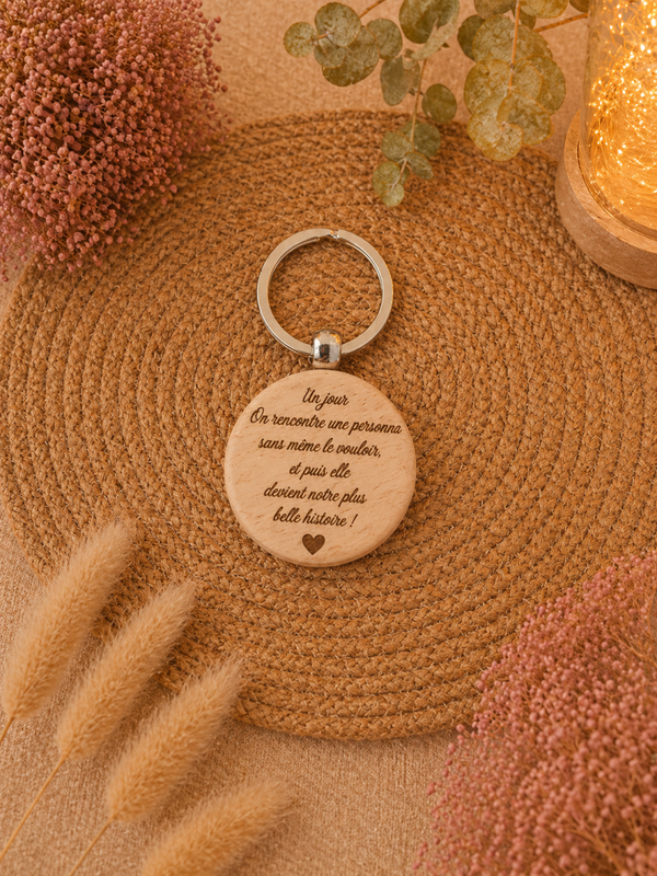 🌿 Porte-clé en bois gravé – Message d’amour