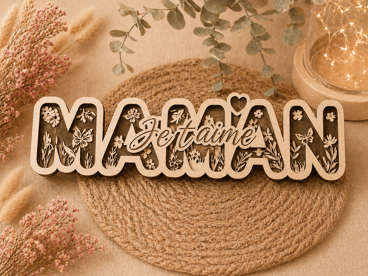 🌸 MAMAN en relief – Décoration en bois