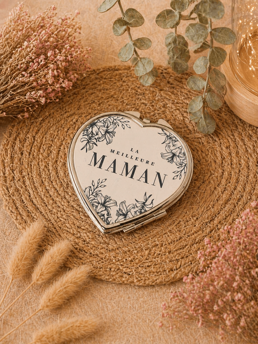 💙 Miroir de poche cœur “Maman” – Cadeau tendre et pratique