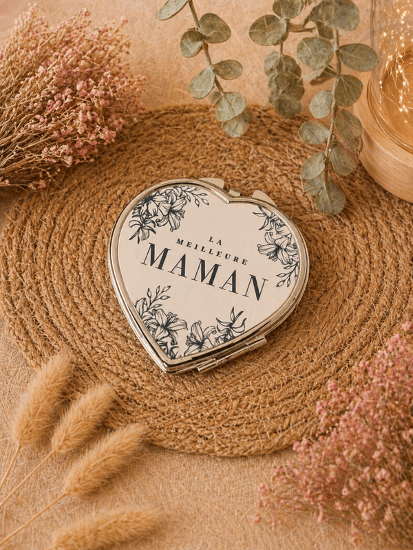 💙 Miroir de poche cœur “Maman” – Cadeau tendre et pratique