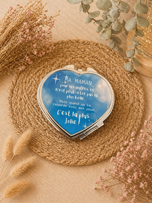 💙 Miroir de poche cœur “Maman” – Cadeau tendre et pratique