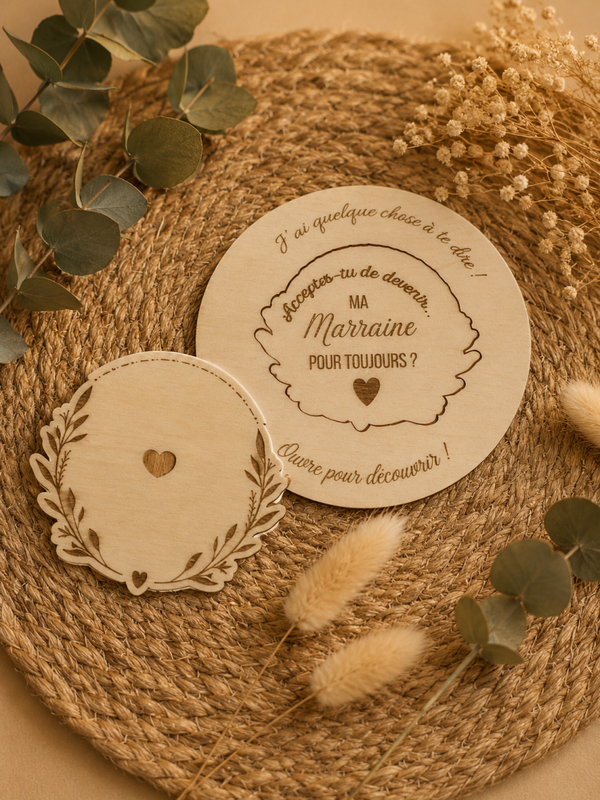Demande Marraine personnalisée en bois – Une annonce pleine d’émotion