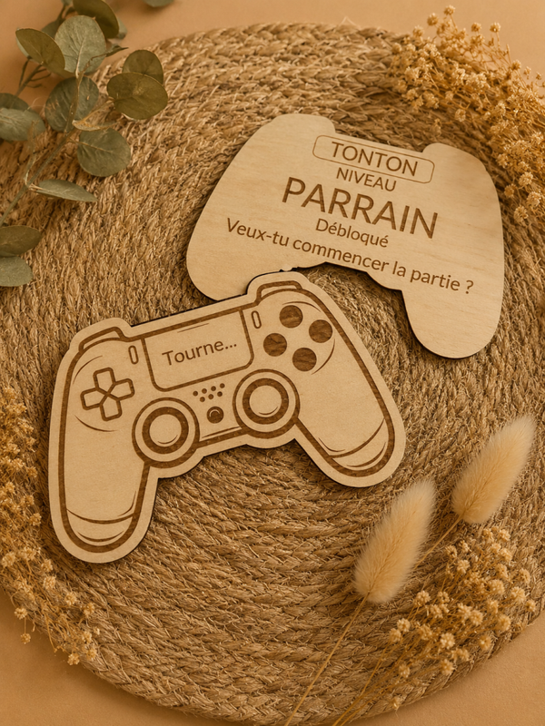 Demande Parrain en bois – Version gamer originale & pleine d’émotion