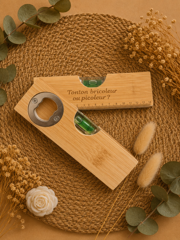 Niveau décapsuleur personnalisé en bois – Cadeau original homme
