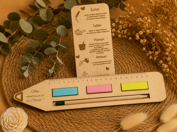 Ensemble règle, post-it & crayon à planter – Cadeau original pour maîtresse