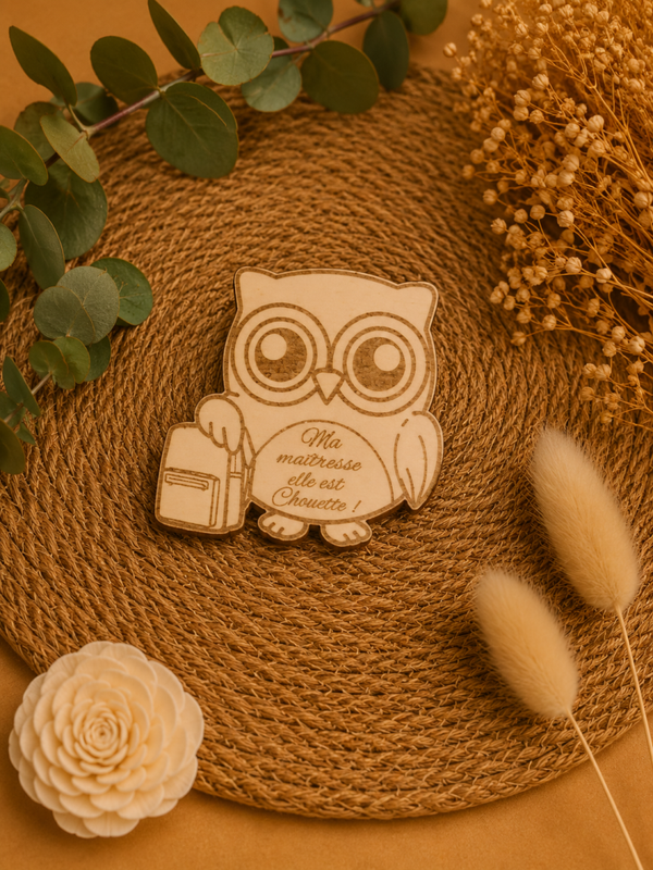 Magnet hibou en bois personnalisé – Cadeau original pour maîtresse