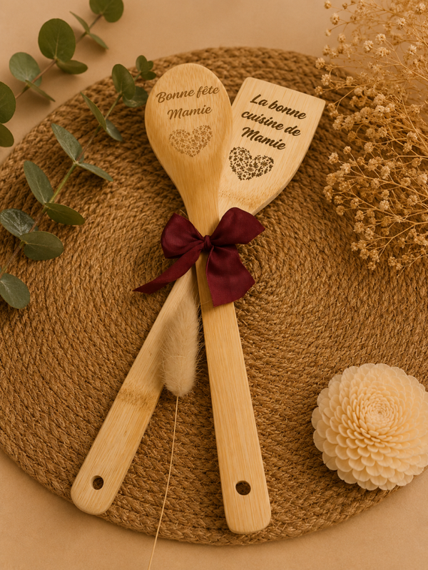 Cuillères et spatules en bois gravées – Cadeau personnalisé pour Mamie