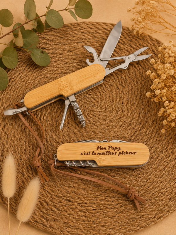 Couteau suisse personnalisé en bois – Idéal cadeau homme