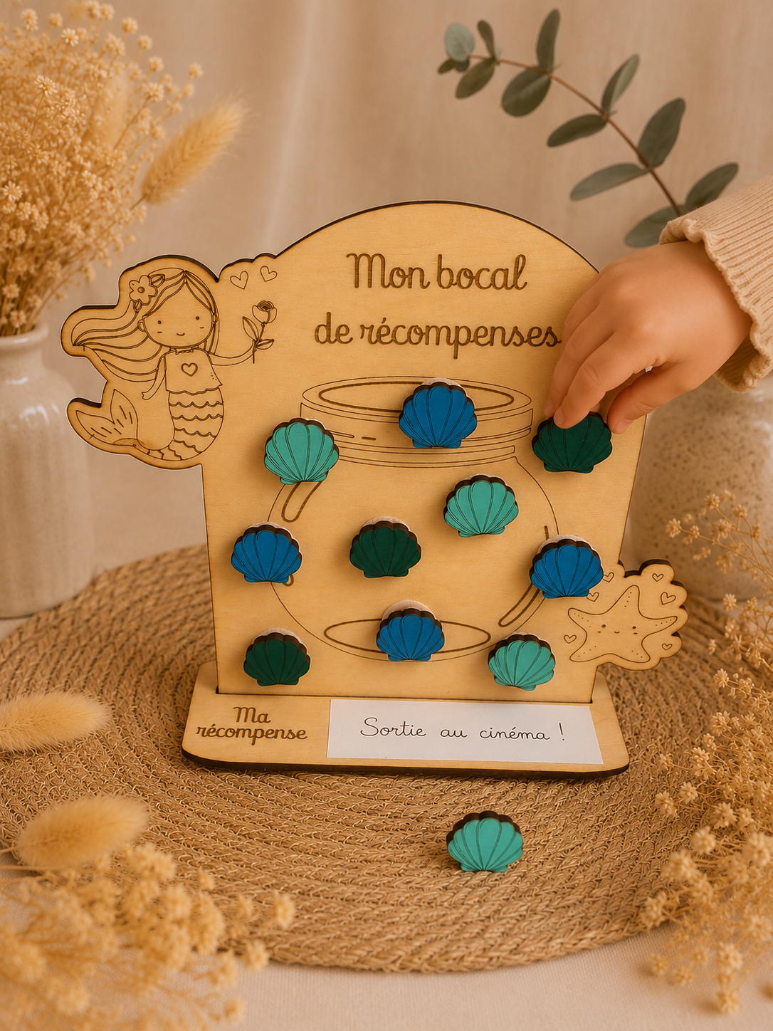 Bocal à récompenses Sirène & Coquillages en bois – Montessori & motivation enfant