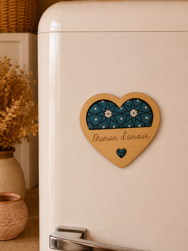 Magnet cœur en bois avec tissu – Personnalisable