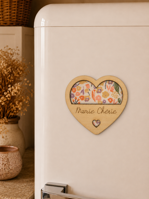 Magnet cœur en bois avec tissu – Personnalisable