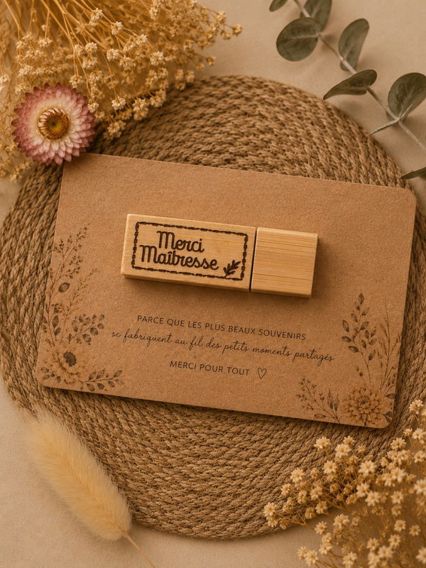 Clé USB 16 Go en bois gravée – Cadeau Maîtresse personnalisé