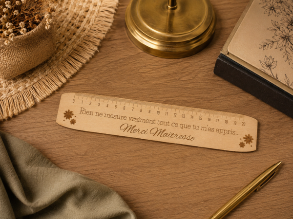 Règle en bois gravée “Merci Maîtresse” – Cadeau personnalisé fin d’année