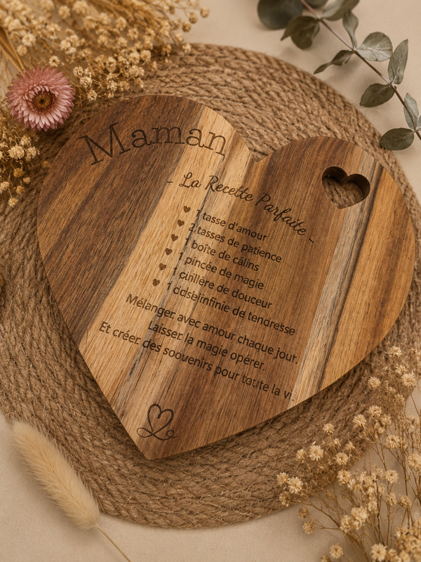 Planche à découper cœur personnalisée – “La Recette Parfaite”