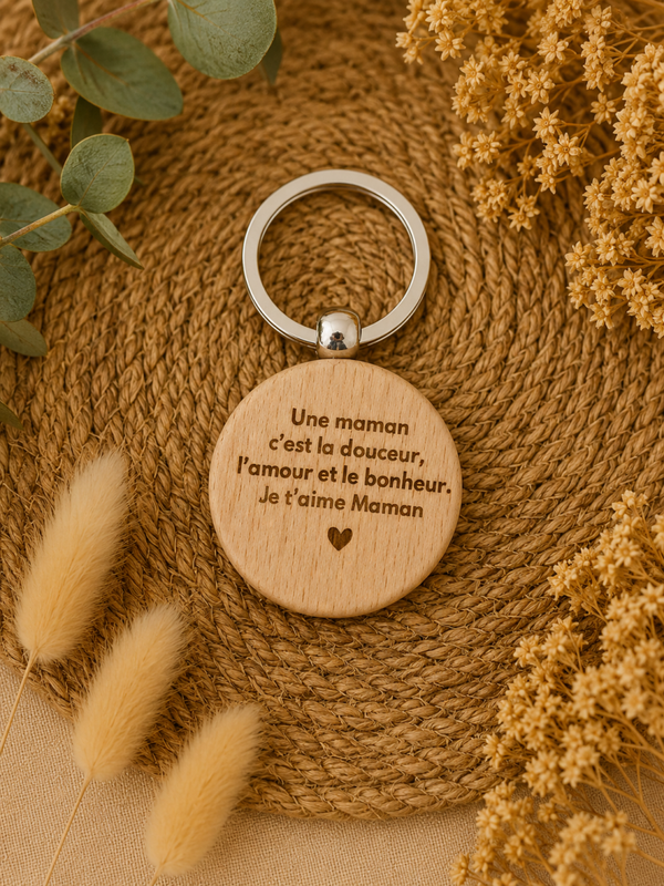 🌿 Porte-clé en bois gravé – Message d’amour