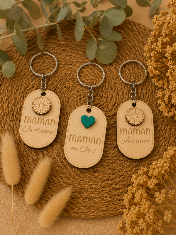Porte-clés en bois personnalisés “Maman” – Cadeau tendre et original
