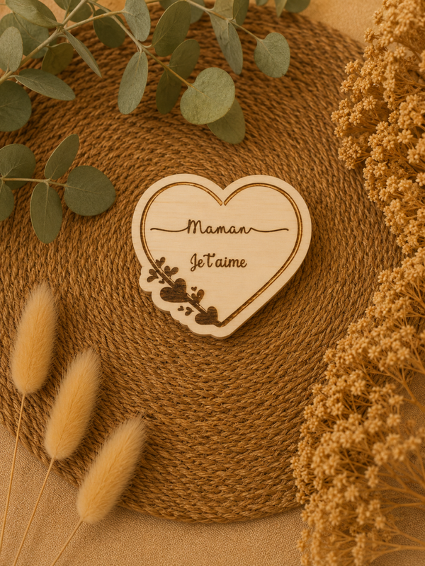 Magnet cœur en bois “Maman je t’aime” – Cadeau tendre et personnalisé