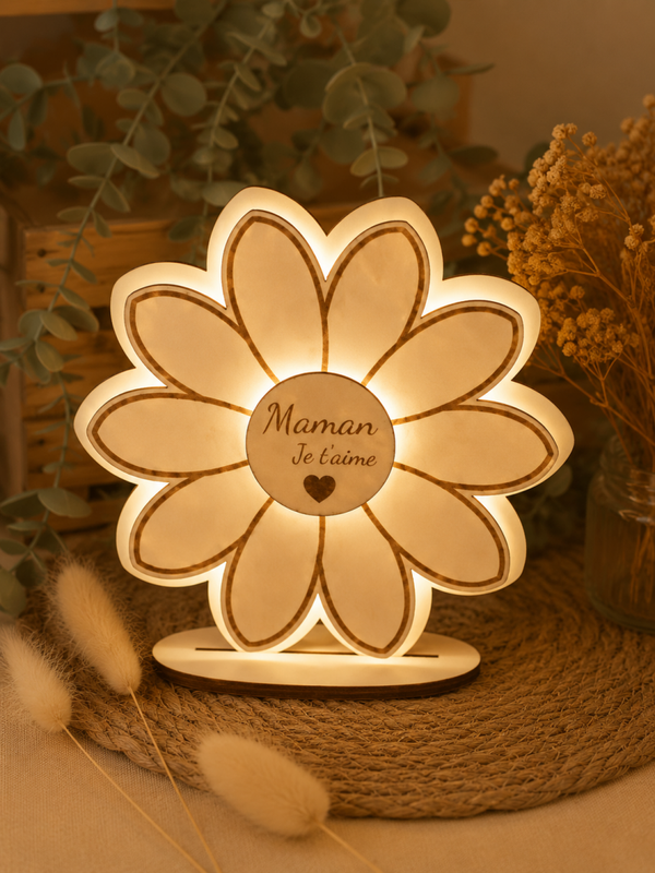 Lampe LED fleur en bois “Maman je t’aime” – Cadeau lumineux et plein d’amour