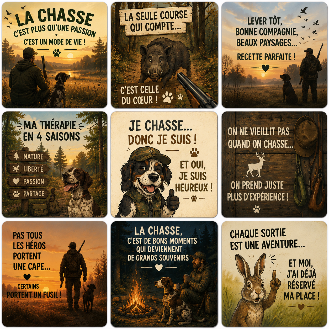 Collection de magnets Chasse – 5x5 cm 🦌🌲