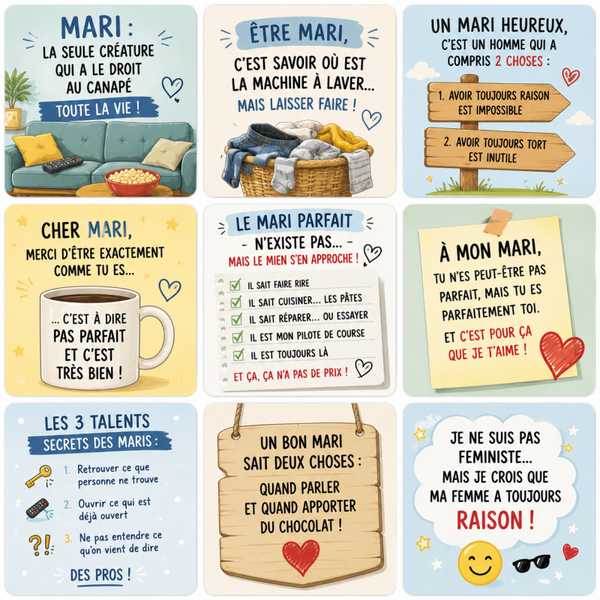 Collection de magnets Humour Mari – 5x5 cm 💙😂