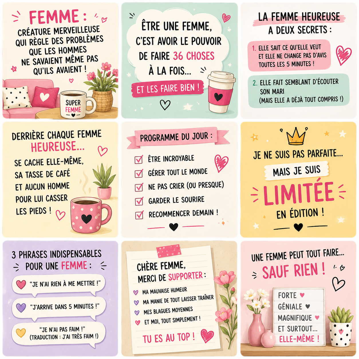 Collection de magnets Humour Femme – 5x5 cm 💖😂