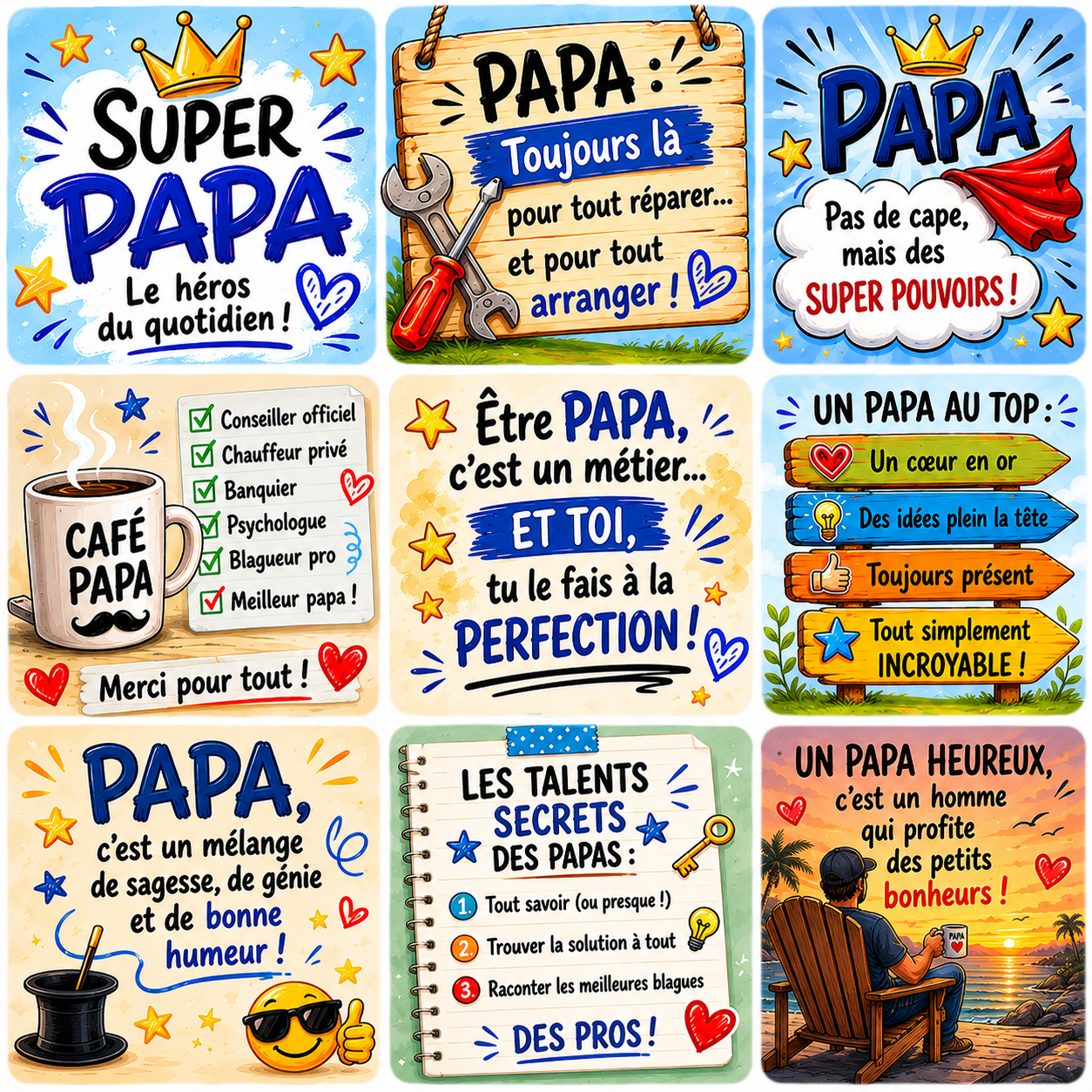 Collection de magnets Papa – 5x5 cm 💙👨‍👧‍👦