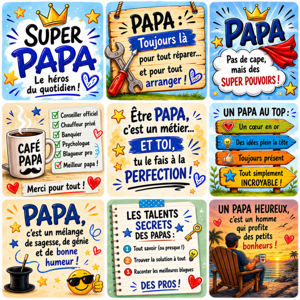 Collection de magnets Papa – 5x5 cm 💙👨‍👧‍👦