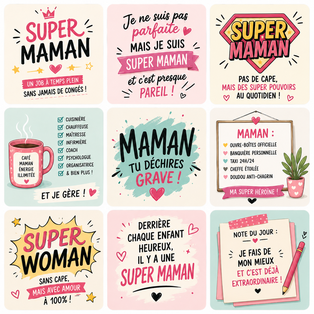 Collection de magnets Super Maman – 5x5 cm 💖👩‍👧‍👦