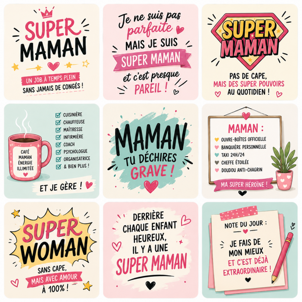 Collection de magnets Super Maman – 5x5 cm 💖👩‍👧‍👦