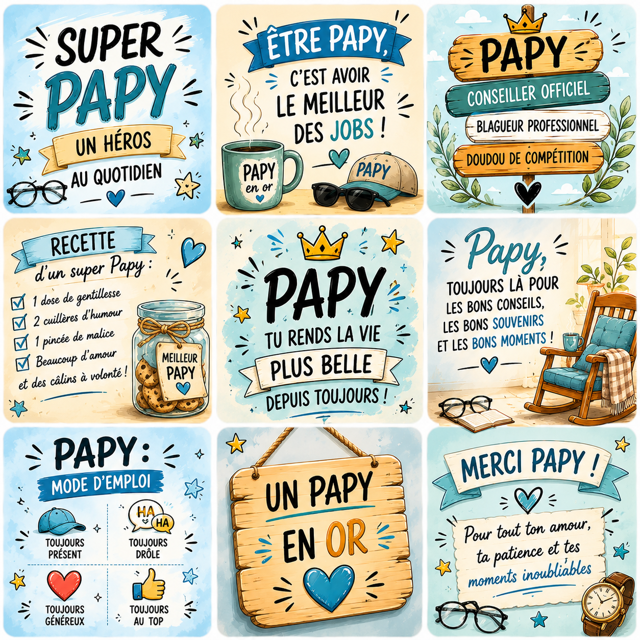 Collection de magnets Papy – 5x5 cm 👴💙