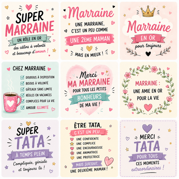 Collection de magnets Marraine & Tata – 5x5 cm 💖✨
