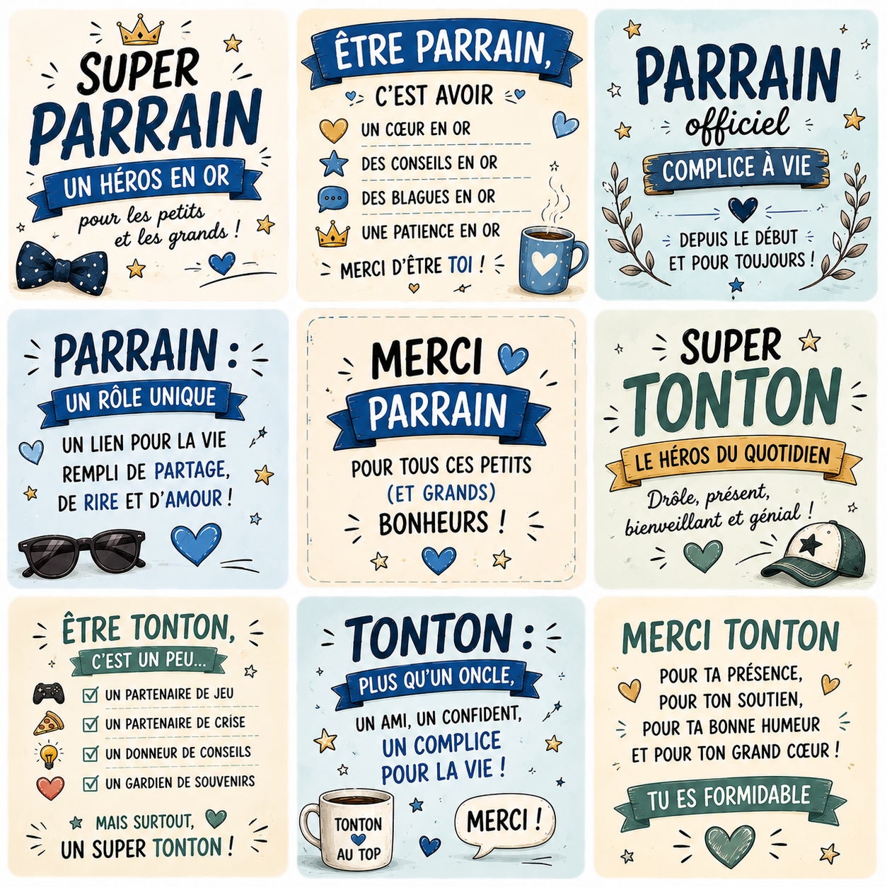 Collection de magnets Parrain & Tonton – 5x5 cm 💙✨
