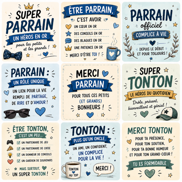 Collection de magnets Parrain & Tonton – 5x5 cm 💙✨