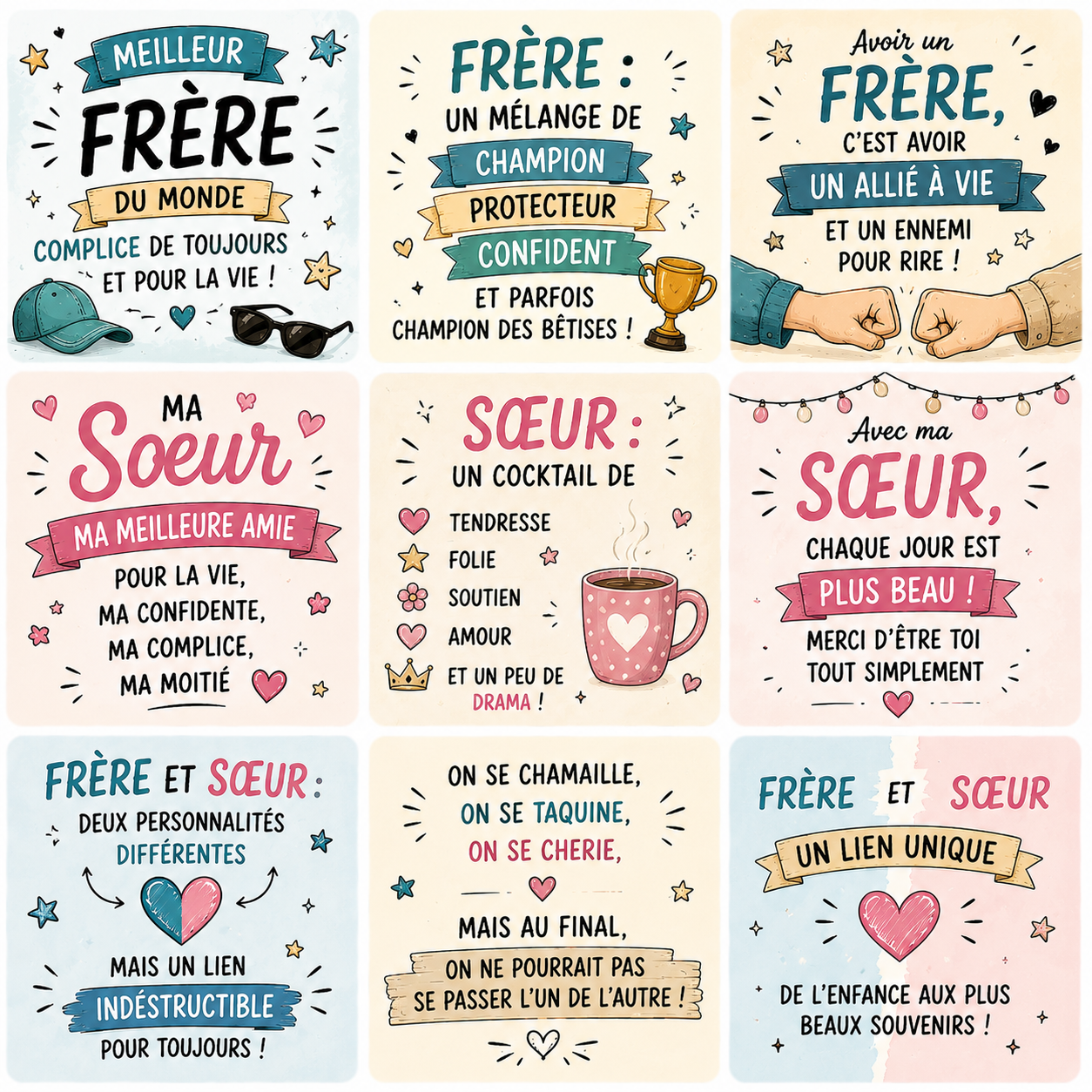 Collection de magnets Frère & Sœur – 5x5 cm 💙💖
